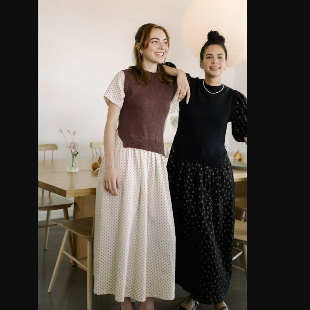 Things Between Boheme Elvie Brown & White Floral Knit Vest Overlay Midi Dress S